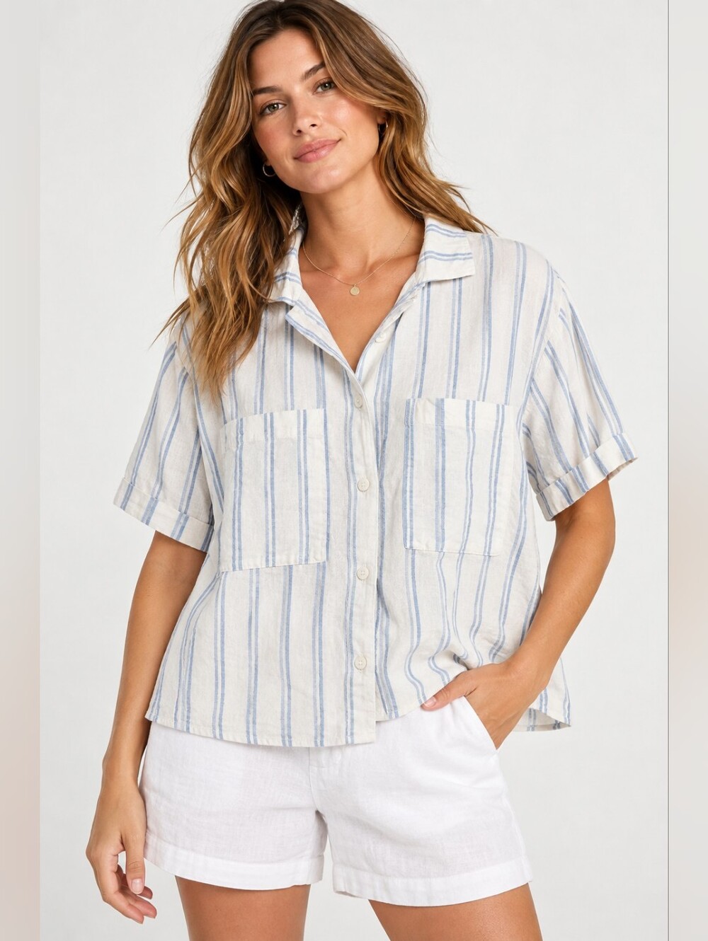 Buffalo David Bitton Linen Blend Striped Button Front Shirt Large
